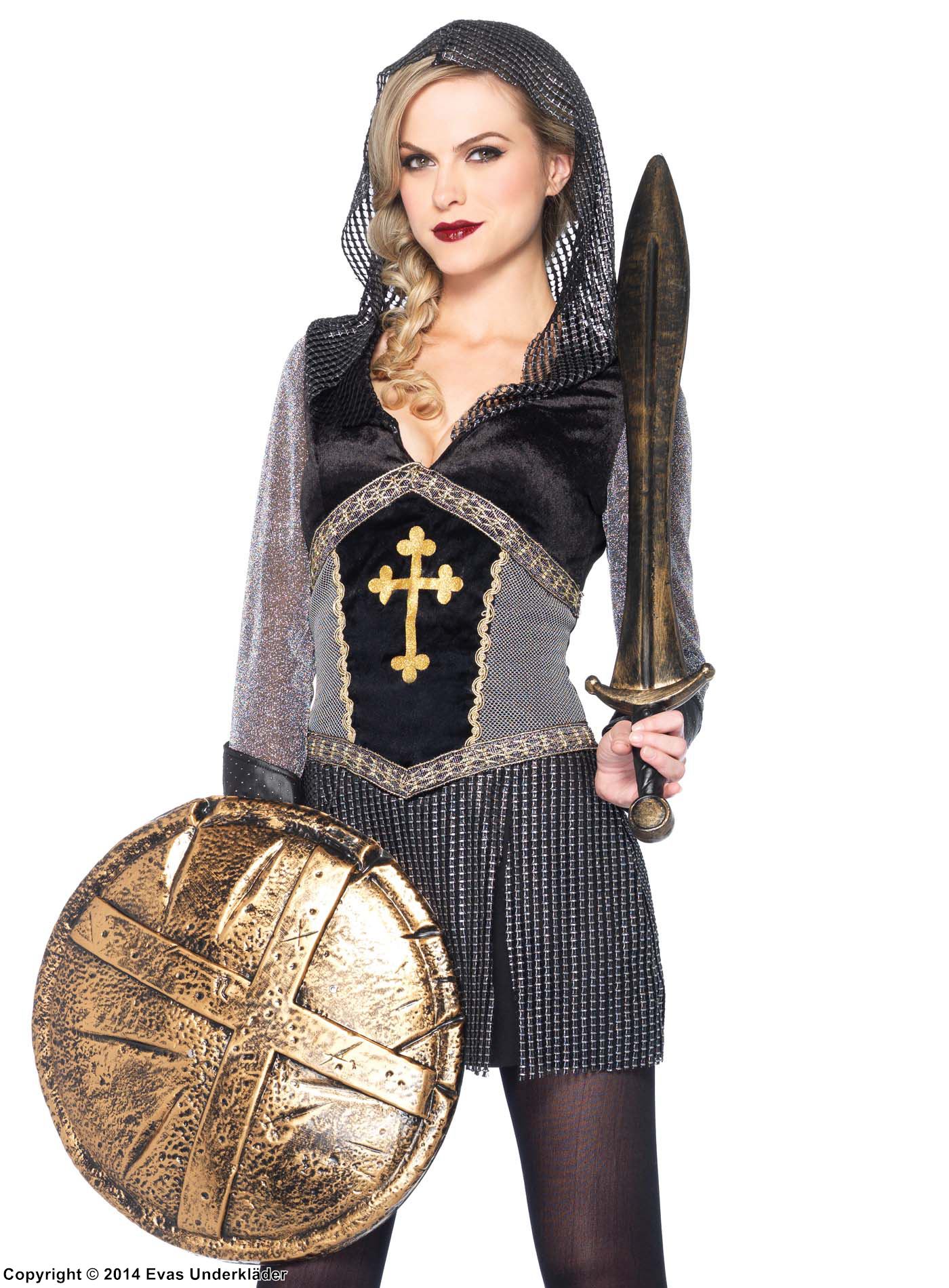 Kvinnlig riddare Jeanne d'Arc, maskeradklänning i läderimmitation med huva och kors